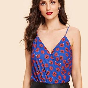 Floral Print Surplice Wrap Cami Bodysuit